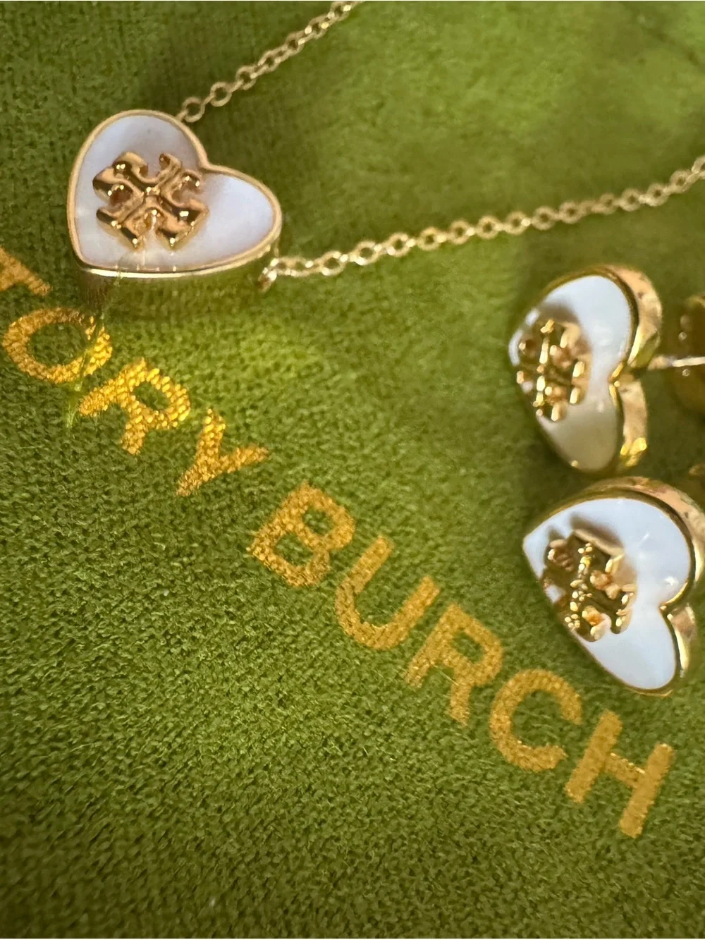 Tory Burch Gold and White Heart Logo Necklace with Matching Studs